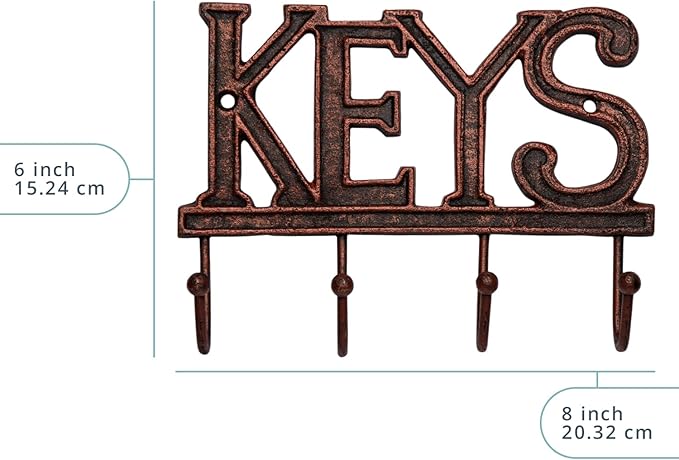 Comfify Key Holder for Wall - Decorative Farmhouse Rustic Wall Mount Key Organizer with 4 Hooks - Vintage Cast Iron Key Rack with Screws and Anchors – 6x8 - Copper with Black