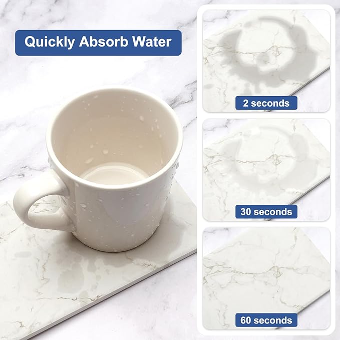 Set of 4 Water Absorbing Stone Drying Tray for Bathroom Sink Kitchen Hand Soap Coaster Diatomite Toothbrush Holder Quick Dry Marble Bathroom Vanity Trays Diatomaceous Earth Dish Kitchen Counter Tray