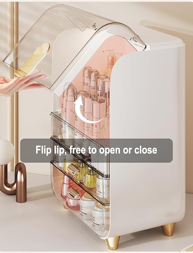 Makeup Organizer for Vanity, Large Capacity Cosmetic Organizer Trendy Stuff, Clear Cosmetic Display Case with Flip-top Lid and 2-Tier Drawer for Bathroom Countertop, Bedroom Dresser (White)