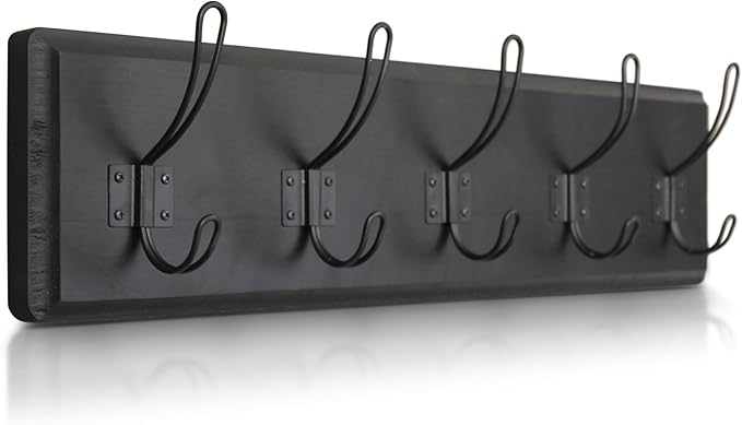 HBCY Creations Black Rustic Coat Rack Wall Mount with 5 Hooks, Solid Pine Wood 24 inch Wall Hooks for Entryway, Mudroom, Hallway, Bathroom - Vintage Farmhouse Style Wall Mounted Towel Rack