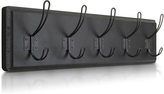 HBCY Creations Black Rustic Coat Rack Wall Mount with 5 Hooks, Solid Pine Wood 24 inch Wall Hooks for Entryway, Mudroom, Hallway, Bathroom - Vintage Farmhouse Style Wall Mounted Towel Rack