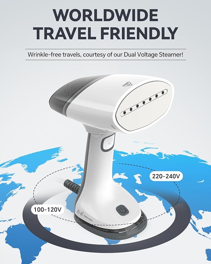BEAUTURAL Travel Steamer for Clothes Portable Mini with Dual Voltage, Foldable Handheld Garment Fabric Wrinkle Remover, 100-220V Steam Iron for Worldwide Use Such as Europe, 1.6 Pounds