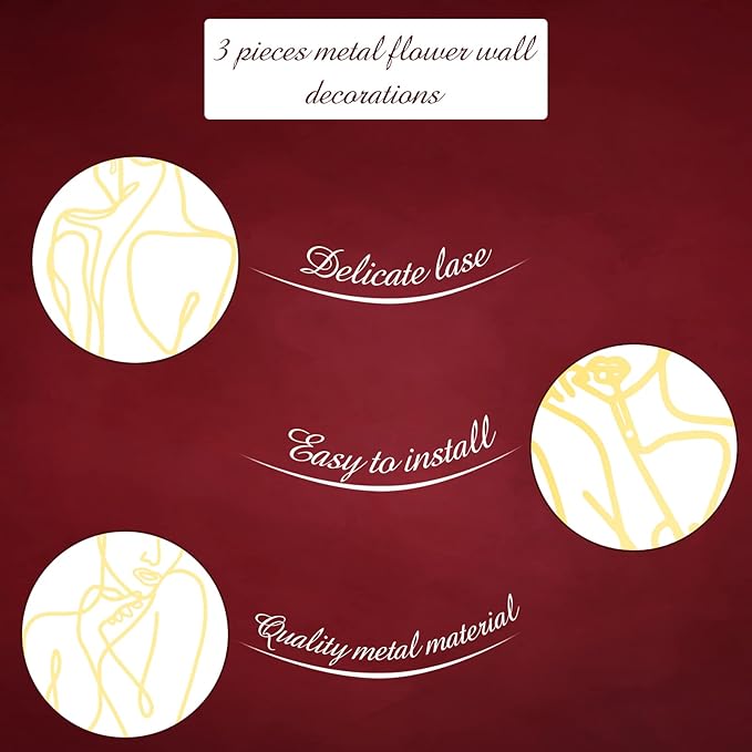 Photect 3 Pcs Metal Wall Art Decor Minimalist Abstract Woman Wall Art metal Modern Line Drawing Wall Art Decor Female Single Line Wall Home Hanging for Bedroom Bathroom Living Room, Gold (Elegant)