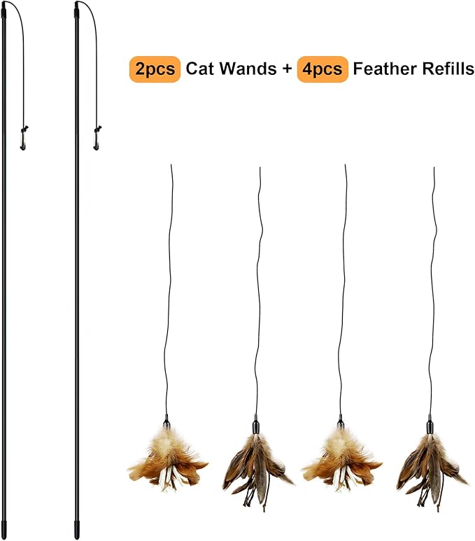 TTcat 2 Pcs Cat Wand Toys Natural Feather Stick Toys,31.5” Extra Long Teaser Wands and 4 PCS Feather Refills,Interactive Toys for Indoor Cat and Kitten.