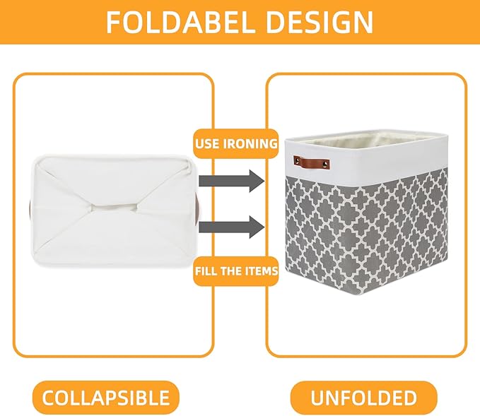 DULLEMELO Storage Baskets Large 17"x12"x15" Foldable Rectangular Storage Bins Baskets for Organizing [2 Pack] Fabric Nursery Storage Baskets for Home,Office,Closet,Clothes,Toys (White&Lattice Grey)