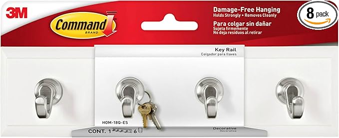 Command Key Rail, Holds up to 2 lb, 8-inch Rail with 4 Key Hooks and 6 Strips, Quartz, Removable Key Hooks for Entryway or Hallway, Hang Keys, Hats, Dog Leashes, and Accessories (Pack of 8)
