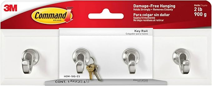 Command Key Rail, Holds up to 2 lb, 8-inch Rail with 4 Key Hooks and 6 Command Strips, Quartz, Removable Key Hooks for Entryway or Hallway, Hang Keys, Hats, Dog Leashes, and Accessories