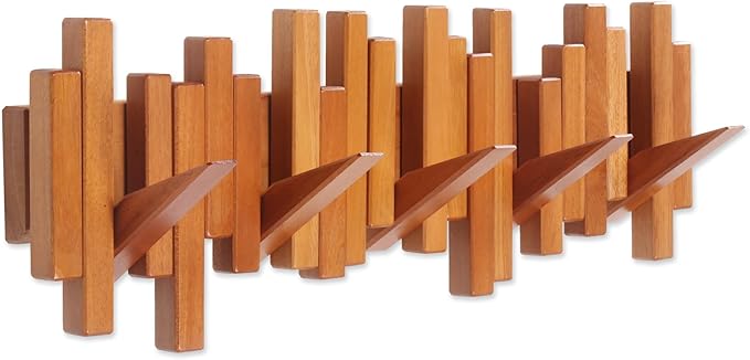 Wooden Coat Rack Wall Mounted Sticks Multi Rack Solid Handmade Natural Cherry Wood Artwork with 5 Flip-Down Unique Modern Hooks for Coats Bag Hat Umbrella