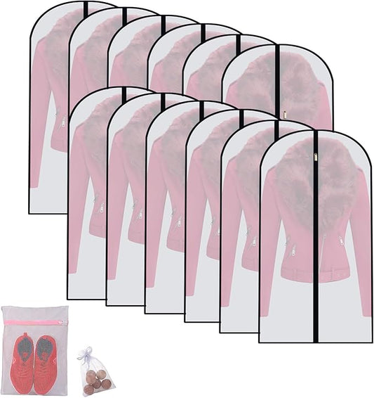 Garment Bags for Hanging Clothes Travel (Set of 12) Suit Bags for Closet Storage Closet Cover for Open Closet Clothes Storage Bag with Zipper for Suits, Jackets, Shirts (Black, 24'' x 40'')