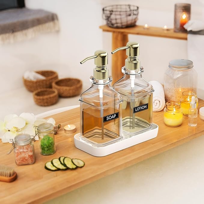 Soap Dispenser - 2 Pack, Antique Design Thick Glass Hand Soap Dispensers with Sturdy Tray; 304 Rust Proof Stainless Steel Pump, 12Pcs Stickers, for Kitchen, Bathroom