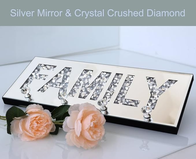 Crush Diamond Mirrored FAMILY Letter Plaque Sign for Wall Decor, Crystal Clear Hooks Key Holder Key Hanger, Silver Mirror Decoration Wall Art, Wall Mounted Home Decor 15"×5.9"×1.6"