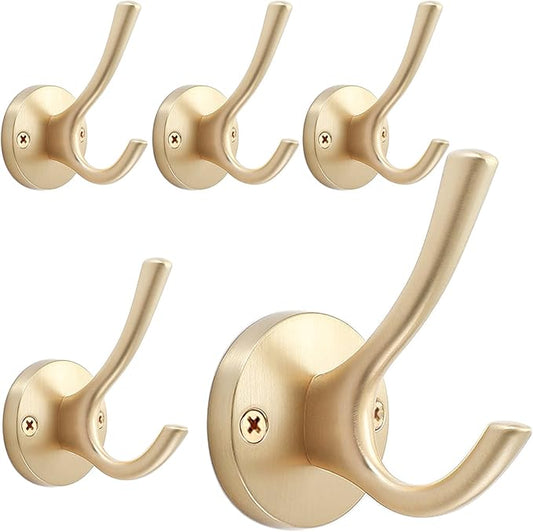 Gold Wall Hooks, 5 Pack Coat Robe Hook Heavy Duty Metal Double Bath Hook Wall Mounted, Hand Towel Hooks for Cubicle Bathroom Kitchen Closet Garage
