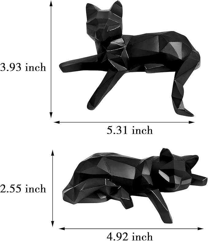 Bookshelf Decor Cat Statue, Modern Geometric Cat Figurines for Living Room Office Shelves Coffee Table Desk Decor – Set of 2 Minimalist Animal Statues (Black)