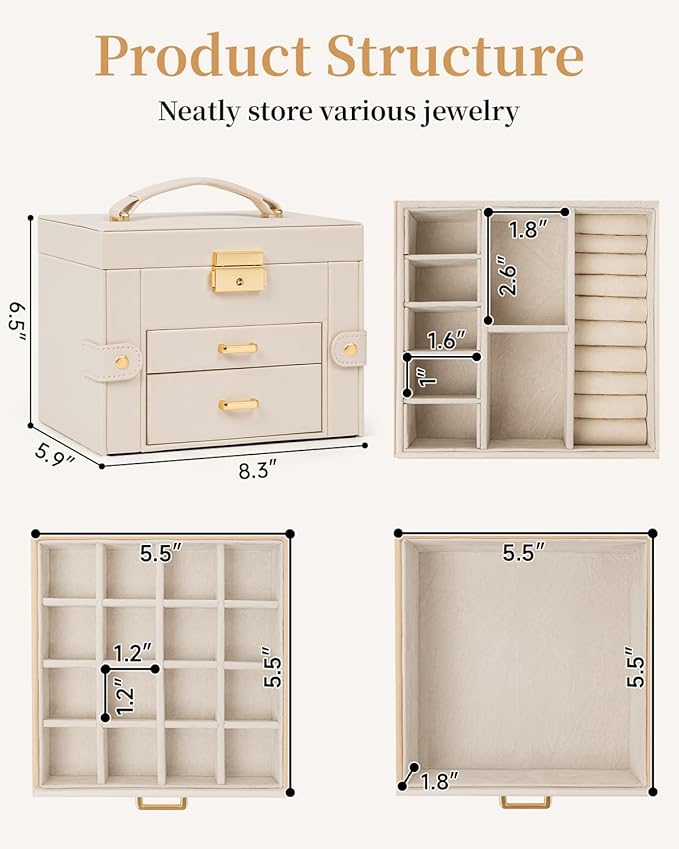 TORIBIO Jewelry Box for Women, Leather Jewelry Organizer with Mirror & Lock, 3-Tier Jewelry Storage Organizer with 2 Drawers for Girls/Women/Mothers, Necklace Earring Bracelets Holder Organizer