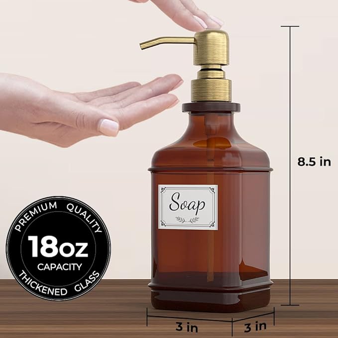 GLADPURE Soap Dispenser 2 Pack, Hand Soap Dispensers with 18 Oz Antique Design Thick Amber Glass Bottle, 316 Rust Proof Stainless Steel Pump, 6Pcs Stickers, for Lotion, Soap - Brushed Gold