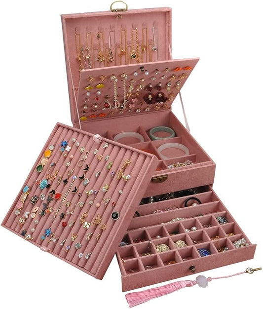 Jewelry Organizer 5 Layers Velvet Square Jewelry Box Women Necklace Ear studs Display Bangles Large Jewelry Storage Case Drawer GY306 (Pink)
