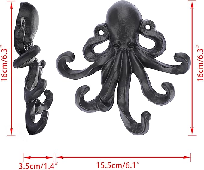 Sumnacon 6 Inch Cast Iron Octopus Coat Hook - Rustic Metal Wall Rack for Key Towel Bag, Hat Scarf with Screws, Decorative Duty Clothing Hanger for Bedroom Bathroom Kitchen Balcony Entry Door, Black