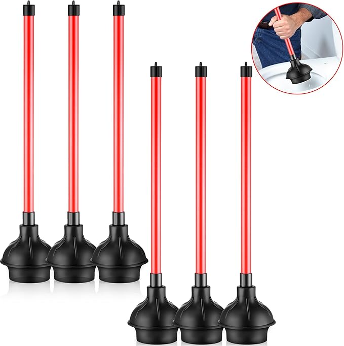 Domensi 6 Pcs Toilet Plunger Bulk Heavy Duty Rubber Plug for Bathroom Suction Cup Double Thrust Force Commercial Bowl Plunger Pump Clogged for Bathroom Hotel Stores 20.5"x 4" (Red)
