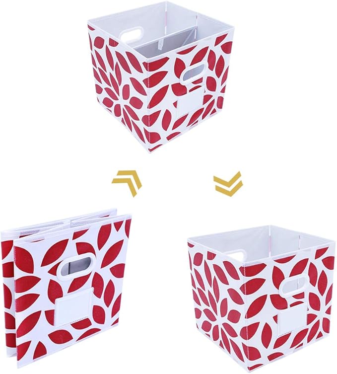MAX Houser Fabric Storage Bins Cubes Baskets Containers with Dual Plastic Handles for Home Closet Bedroom Drawers Organizers, Foldable, Set of 6 (Red)