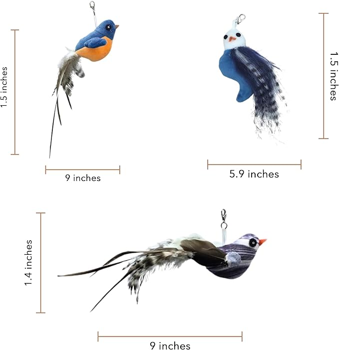 Chirping Bird Replacement Heads for Cat Toys - Set of 3 - Realistic Calling Bird Sounds, Vibrant Feather Designs, Easy Clip-On for Endless Fun