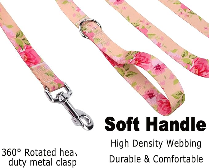 Dog Collar and Leash Set with Bohemia Floral Tribal Geometric Patterns - Soft Ethnic Style Collar Adjustable for Small Medium Large Dogs(Pink Rose Set,M)