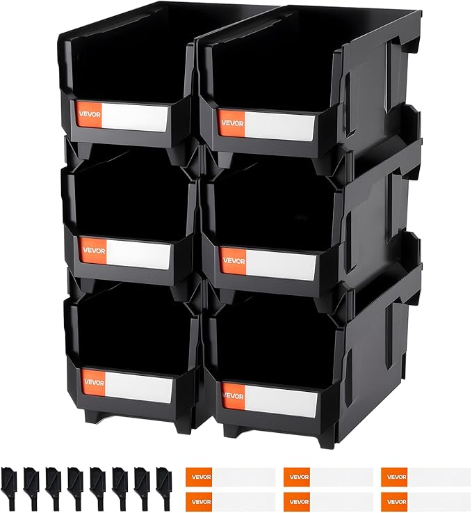 VEVOR Plastic Stackable Storage Bins, 14.8 x 8.5 x 7.1 inch (6 Pack), Plastic Containers for Organizing and Storage Bins for Closet, Garage, Small Parts, Office Supplies and Other Accessories, Black