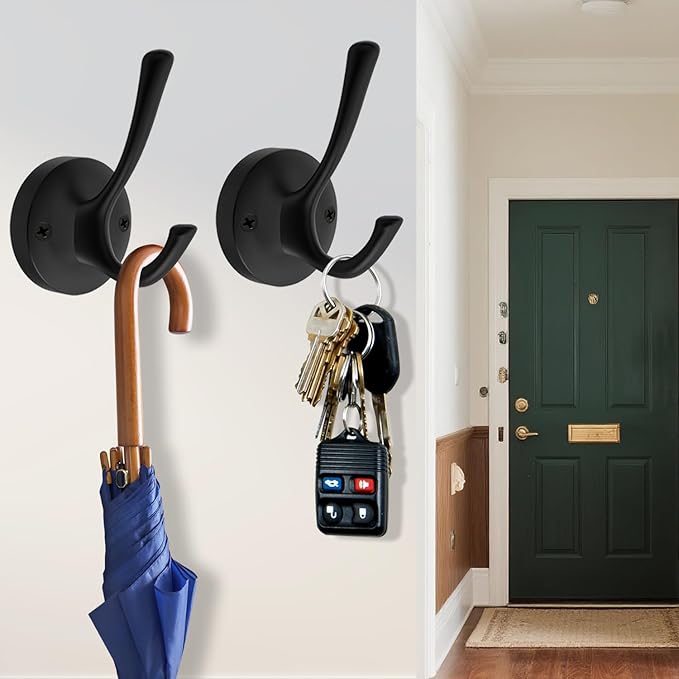 Black Towel Hooks for Wall, 5 Pack Coat Robe Hook Heavy Duty Metal Double Bath Hook Wall Mounted, Hat Hooks for Cubicle Bathroom Kitchen Closet Garage