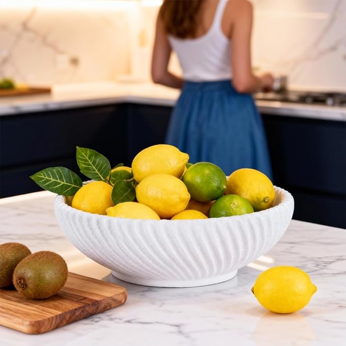 Large Resin Decorative Pedestal Bowl for Home Decor - White Ribbed Fruit Bowl For Kitchen Counter Or Table Decor - Key Bowl for Entryway Table Decor - Centerpiece Bowls for Keys, Fruit, Candy