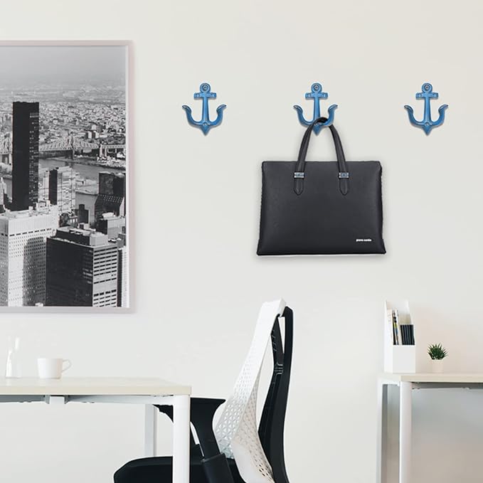 XINGYAN Vintage Rustic Cast Iron Nautical Sea Anchor Design Wall Hooks,Home Coat Rack,Decorative Wall Mounted Antique Shabby Chic Metal Bathroom Towel,Coat Hooks,Hanger,Screws Inside (Blue[4pcs])