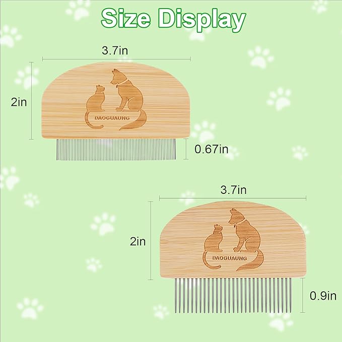 Pet Grooming Combs for Dogs Cats, 2 Pack Bamboo Combs with Wide Fine Teeth for Shedding, Detangling, Flea Removal and Daily Care