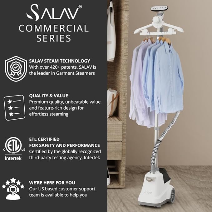 SALAV® Heavy Duty Smart Auto Shut-off Commercial Full-Size Garment Steamer, Beeping Alert when Water Runs out, Foot Pedal Control, XL 3L (101.5 oz) Tank, 1800 watts, 90+min of Continuous Steam, White