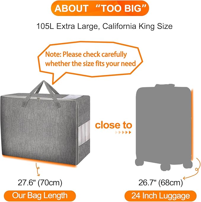 2 Pack 105L Comforter Storage Bags, Extra Large Bedding Storage Bags with Clear Window, Reinforced Handles & Zippers, Foldable Closet Organizers for Blanket Pillow Clothes