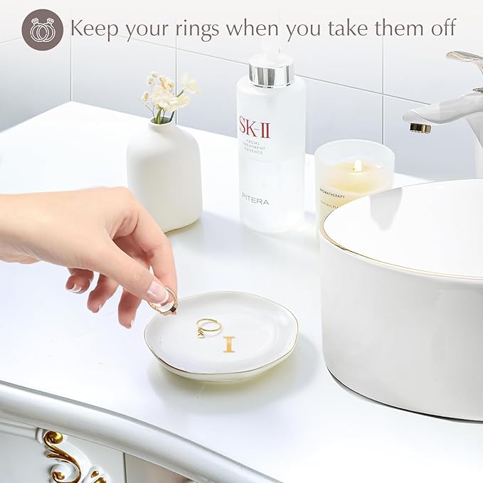 ProCase Ceramic Jewelry Tray, Initial Ring Dish Trinket Plate Engagement Gift, Small Personalized Monogram Ring Bowl for Wedding, White Decorative Jewelry Holder for Women Vanity -Letter I