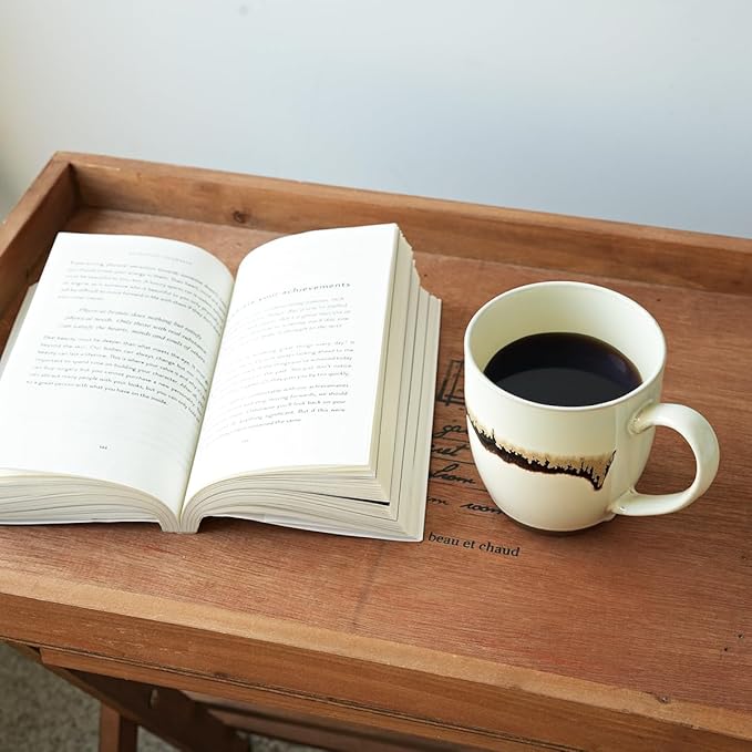 Bosmarlin Ceramic Coffee Mug Set of 4, 17 Oz, Stoneware Coffee Cups with Big Handle, Microwave Safe, Unique Reactive Glaze(17 Oz, Beige)