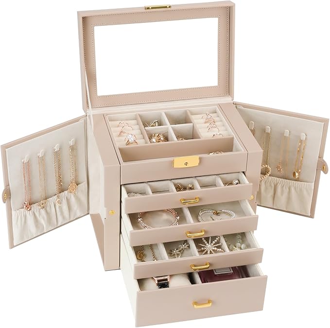 Jewelry Box, Women's Jewelry Organizer with Mirror, 5 Layers & 4 Drawers, Apricot