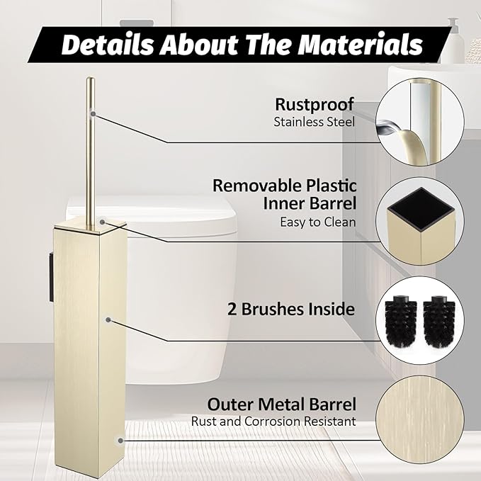 BGL Toilet Brush and Holder Set Brushed Gold Wall Mounted for Bathroom Square Design