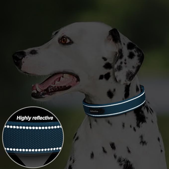 PetiFine Dog Collar for Large Dogs, Neoprene Padded and Adjustable, Reflective Wide Heavy Duty Pet Collars with Durable Metal Belt Buckle for Walking, Blue, L