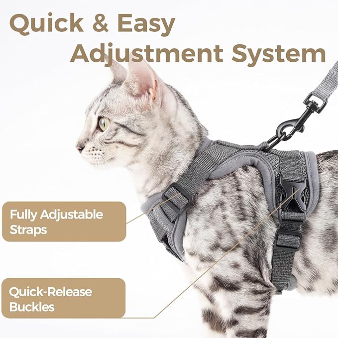 Cat Harness and Leash Set Escape Proof Tactical Medium Kitten Harness Emotional Support Cat Vest, Grey, M