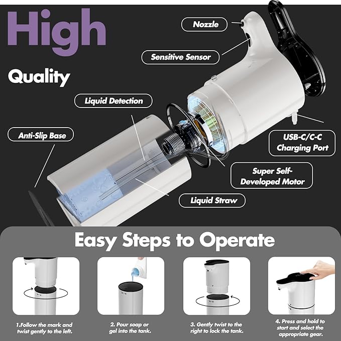 YIKHOM Automatic Liquid Soap Dispenser, Touchless Dish Soap Dispenser, 450mL/15.37 oz Electric Soap Dispenser 8 Level Adjustable Control, USB C Rechargeable Auto Soap Pump Hands Free for Kitchen