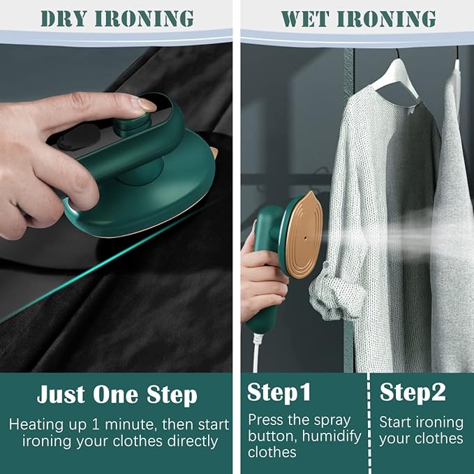 Mini Travel Iron for Clothes, Portable Mini Iron for Travel, Portable Mini Ironing Machine for Dry & Wet Ironing. (Green)