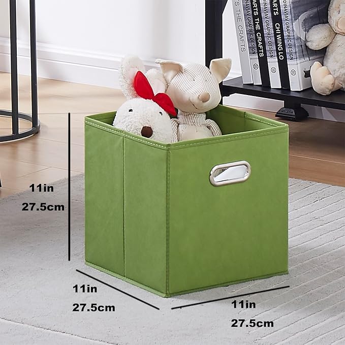 11 Inch Fabric Collapsible Storage Cubes,6 Pack Colored Closet Storage Bins with Metal Handles Foldable Cube Baskets for Organizing Clothes, Toys, Books（Green, Gray, Dark Blue）