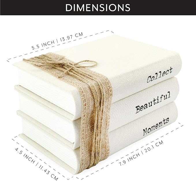 AuldHome Design Faux Book Stack: Collect Beautiful Moments Decorative Book Set w/Burlap Ribbon Wrap