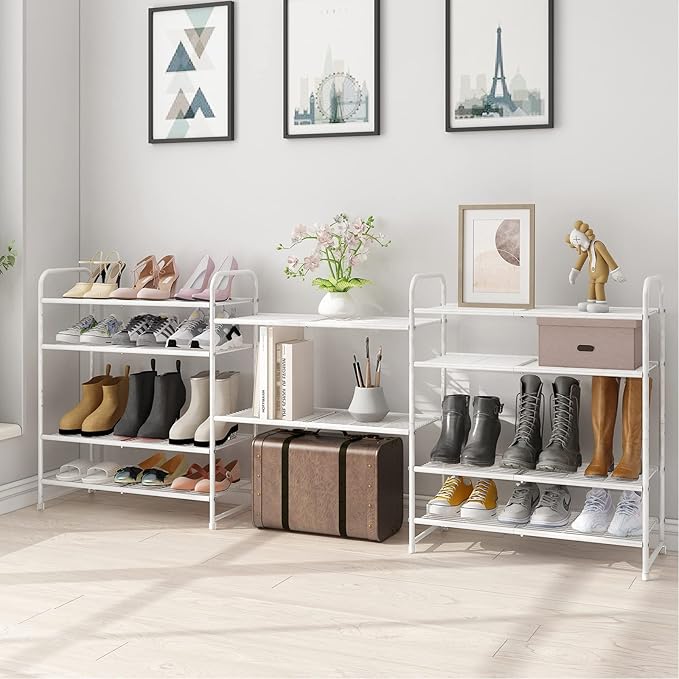 Simple Trending 5-Tier Stackable Shoe Rack, Expandable & Adjustable Shoe Organizer Storage Shelf, Wire Grid, White