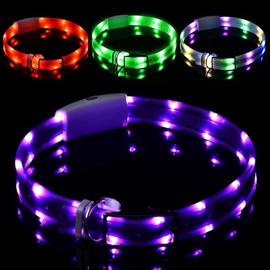 Lighted Dog Collar, Rechargeable Light Up Pet Collar, Waterproof LED Dog Collar Glow in The Dark, Make Pet Visible and Safety for Night Walking for Small Medium Large Dogs (Purple)