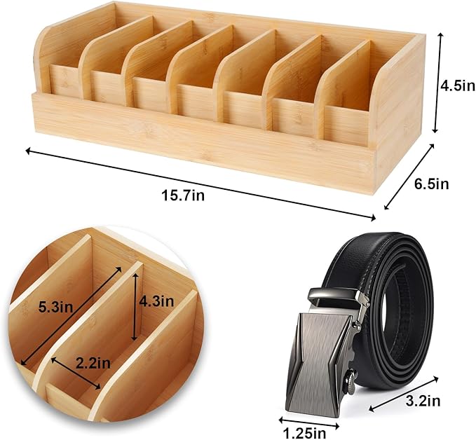 GTI Belt Organizer,2pcs 7 Compartments Belt Organizer for Closet and Drawer, Bamboo Display Case for Tie and Belt, Belt Storage Organizer for Men Women (Wooden)