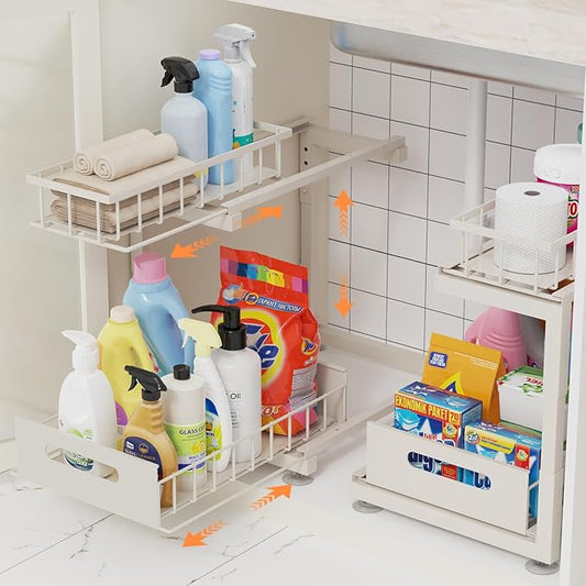 2 Pack Under Sink Organizer, 2-Tier Heavy Duty Metal Pull Out Cabinet Organizer Slide Out Sink Shelf Organizer Height Adjustable, Multi-Purpose Storage Shelf for Kitchen Bathroom (Sand,2 Pack)