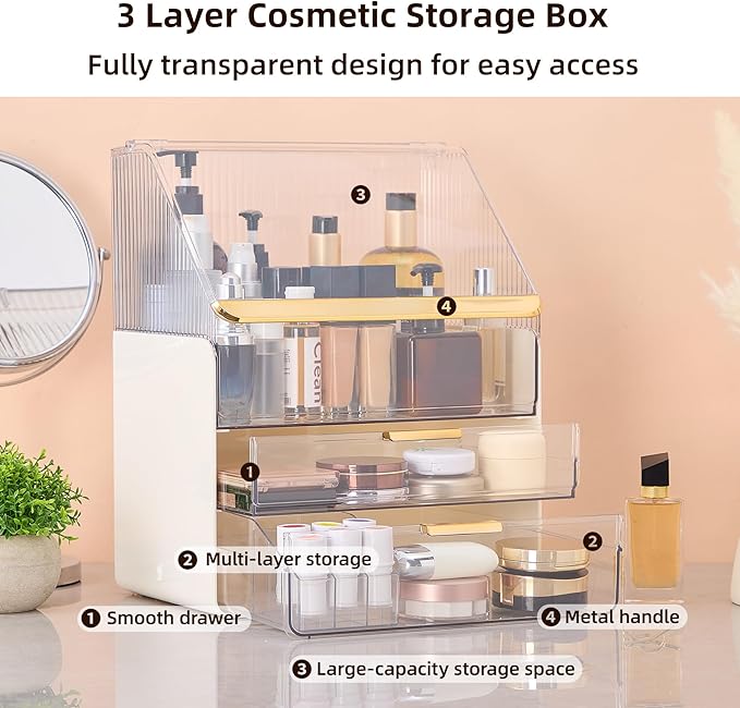 Large Cosmetic Organizer Fully Transparent with Drawers, Dustproof Waterproof Bathroom Counter Storage for Skincare Lipstick Makeup Brushes(White)