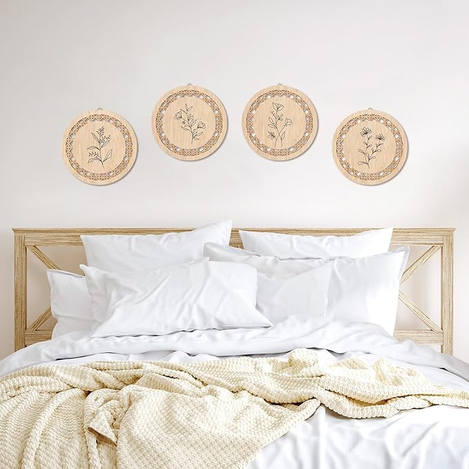 HPNIUB Minimalist Floral Wall Decor, Farmhouse Line Botanical Hanging Wooden Sign Wall Art, 4 Pieces 9.8''x9.8'' Aesthetic Flowers Leaf Wood Plaque, Modern Neutral Pictures for Living Room Office