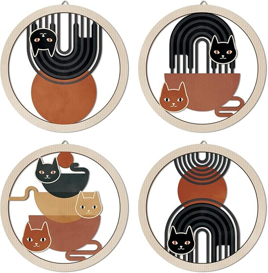 HPNIUB Boho Black Cat Wall Decor, Farmhouse line Geometric Coffee Tea Hanging Wooden Wall Art, 4 Pieces 10''x10'' Mid Century Abstract Sun Wood Sign for Nursery Bedroom Decoration, Lovely Cat Gifts