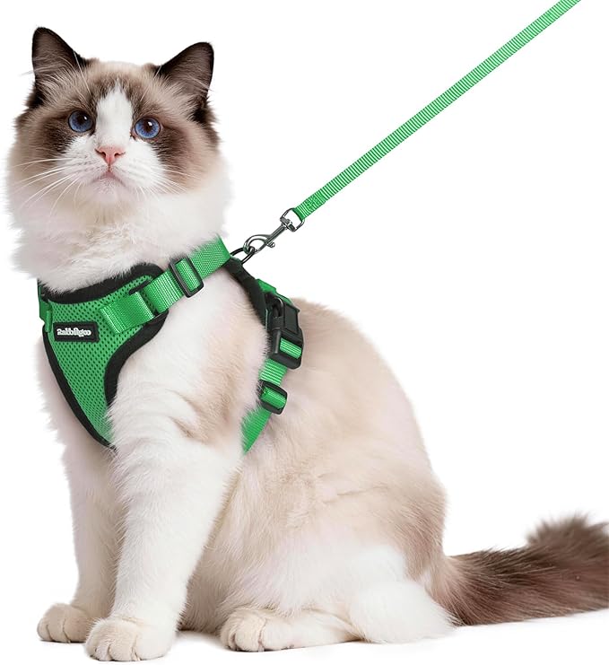 rabbitgoo Cat Harness and Leash for Walking, Escape Proof Soft Adjustable Vest Harnesses for Cats, Easy Control Breathable Reflective Strips Jacket, Grass Green,M